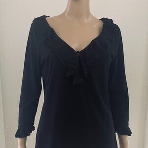 Oscar  an oscar de la Renta Co. Size L Black Mesh V Neck Ruffle Stretch Blouse